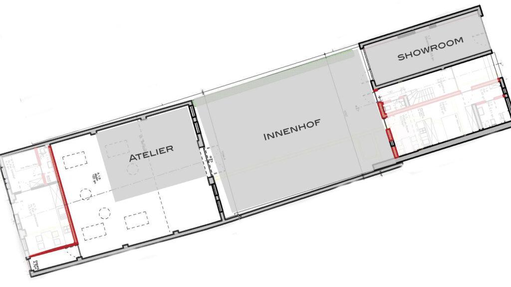 Ein Grundriss Plan mit Atelier, Innenhof und Showroom